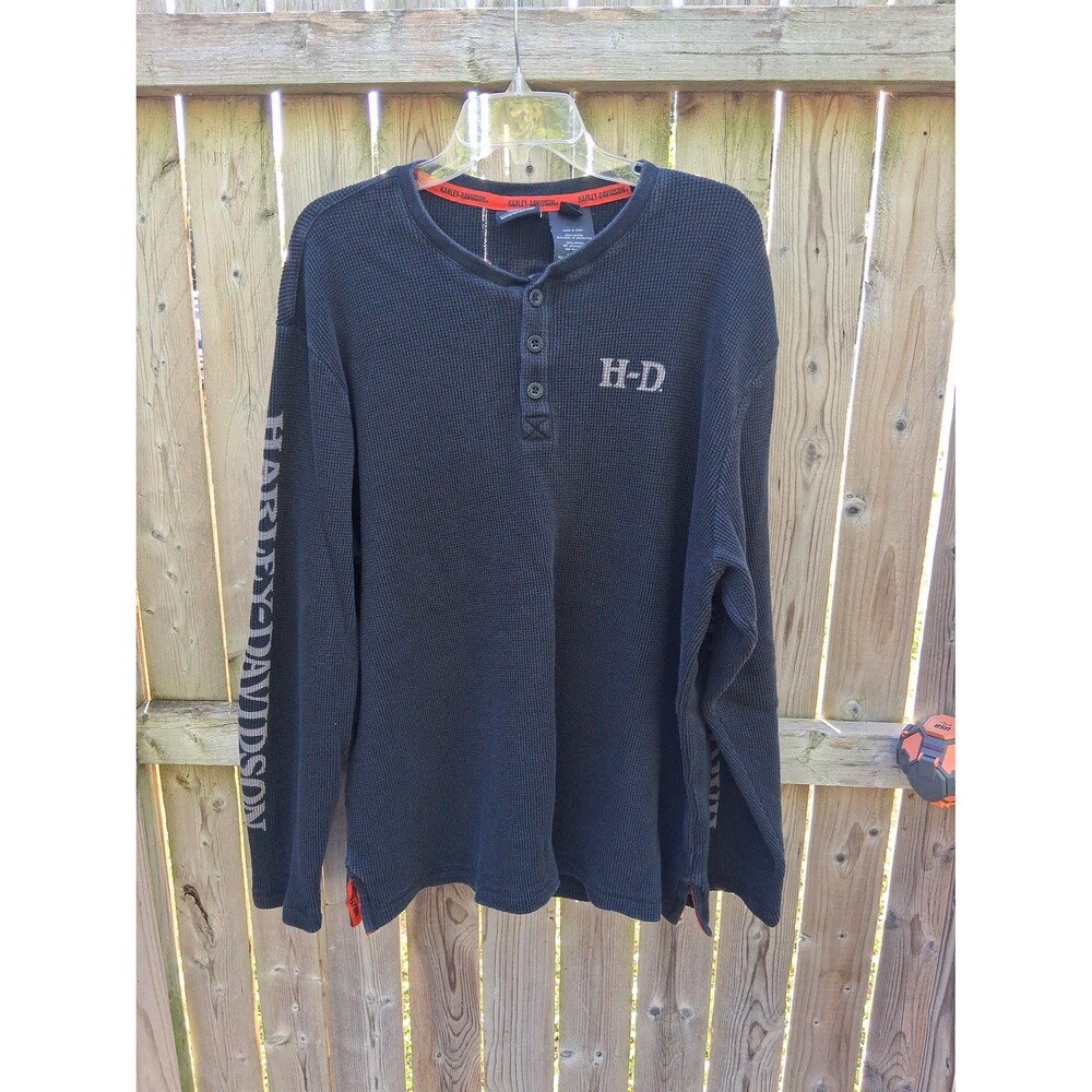 043 Harley Davidson Waffle Knit Thermal Henley 3/4 Button Men's Shirt 2XL Black